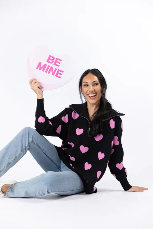 Pulling Heartstrings Black and Pink Heart Print Quarter Zip Pullover FINAL SALE sold by Pink Lily