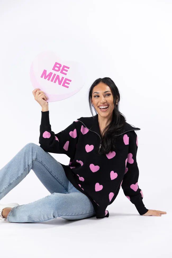 Pulling Heartstrings Black and Pink Heart Print Quarter Zip Pullover FINAL SALE sold by Pink Lily