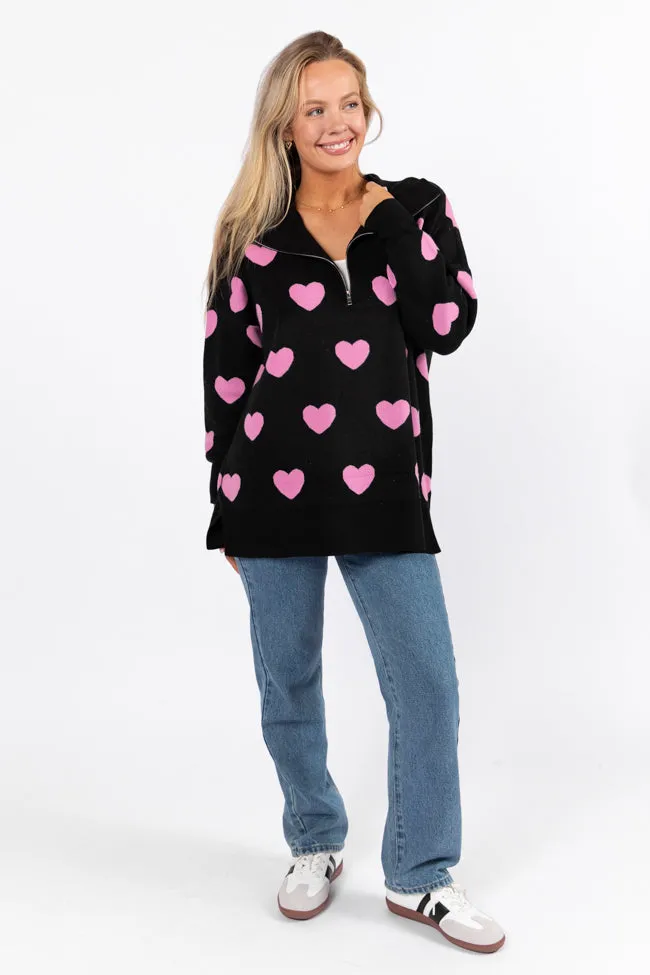 Pulling Heartstrings Black and Pink Heart Print Quarter Zip Pullover FINAL SALE sold by Pink Lily product image thumbnail 3