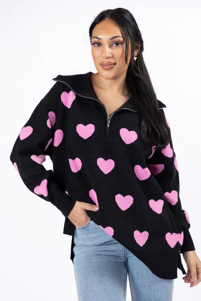 Pulling Heartstrings Black and Pink Heart Print Quarter Zip Pullover FINAL SALE sold by Pink Lily product image thumbnail 2