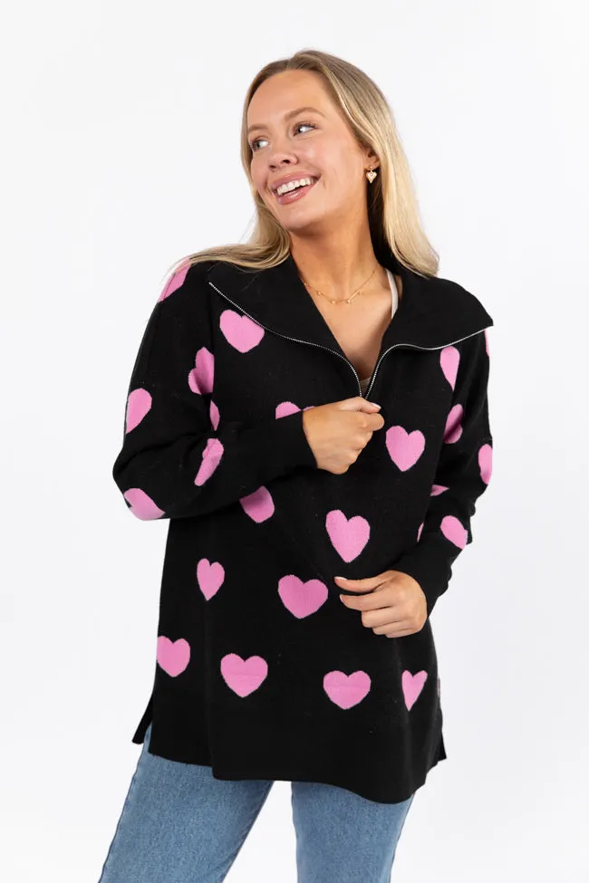 Pulling Heartstrings Black and Pink Heart Print Quarter Zip Pullover FINAL SALE sold by Pink Lily product image thumbnail 4