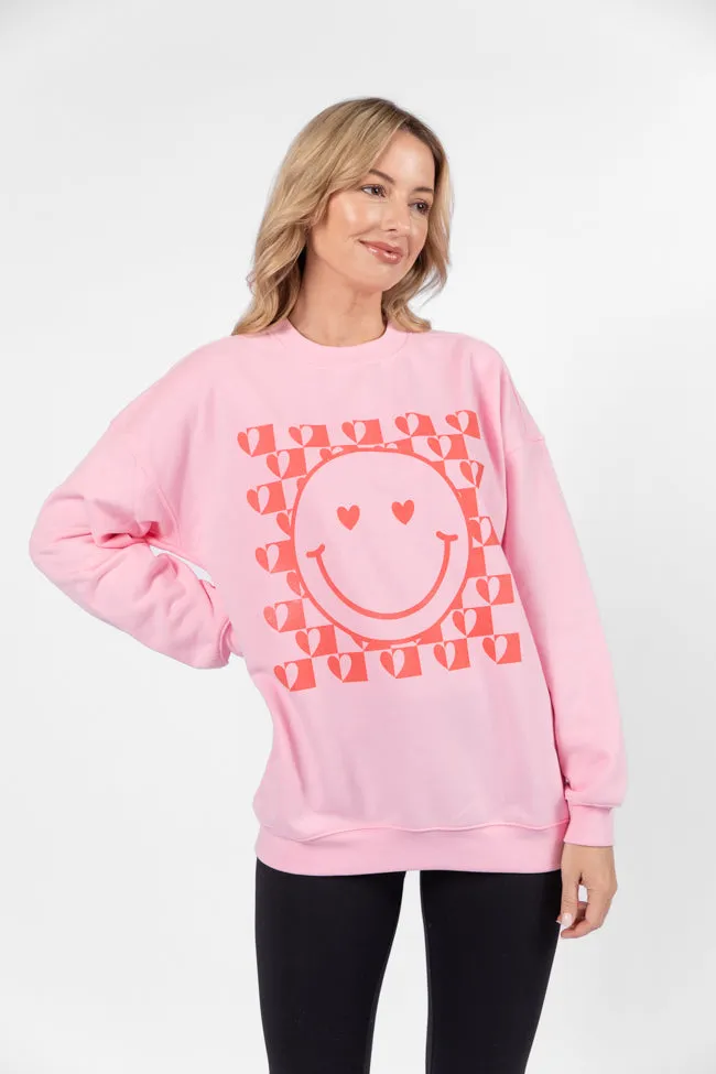Heart Checkered Smiley Light Pink Graphic Sweatshirt sold by Pink Lily product image thumbnail 4