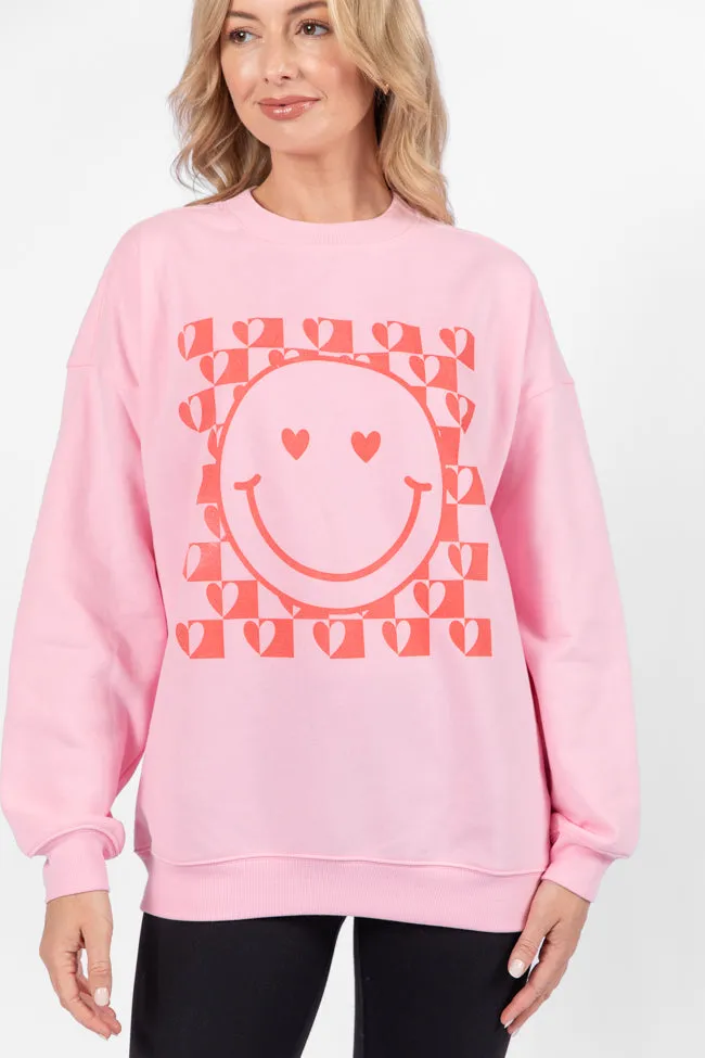 Heart Checkered Smiley Light Pink Graphic Sweatshirt sold by Pink Lily product image thumbnail 3