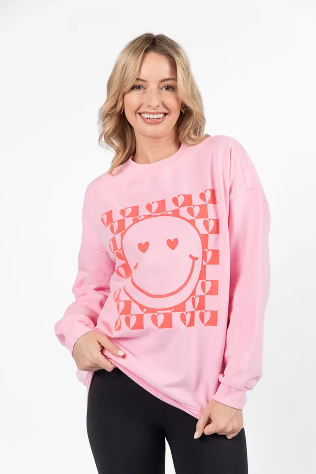 Heart Checkered Smiley Light Pink Graphic Sweatshirt sold by Pink Lily
