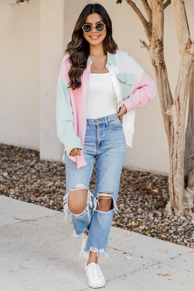 Just So You Know Sage And Pink Colorblock Button Up Gauze Blouse sold by Pink Lily product image thumbnail 3