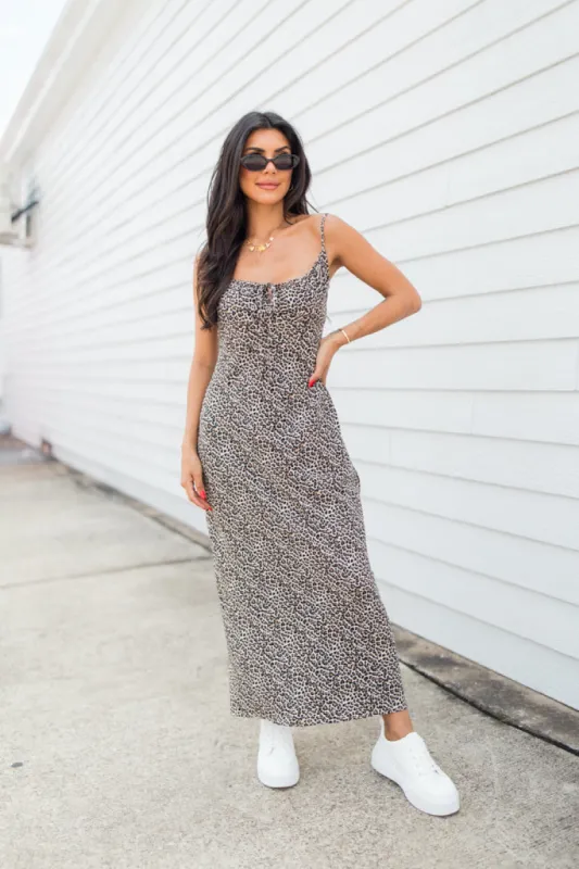 Be My Muse Shirred Neck Taupe Leopard Midi Dress sold by Pink Lily