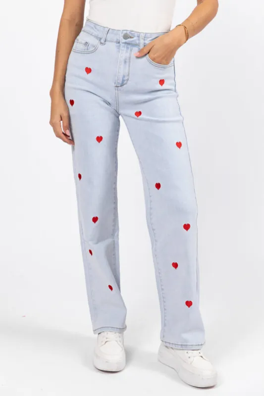 Merritt Light Wash Heart Embroidered Straight Leg Jeans sold by Pink Lily