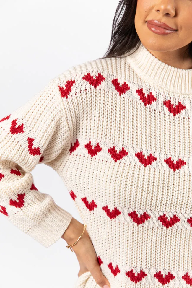 Familiar Feelings Cream and Red Heart Print Mock Neck Sweater FINAL SALE sold by Pink Lily product image thumbnail 3