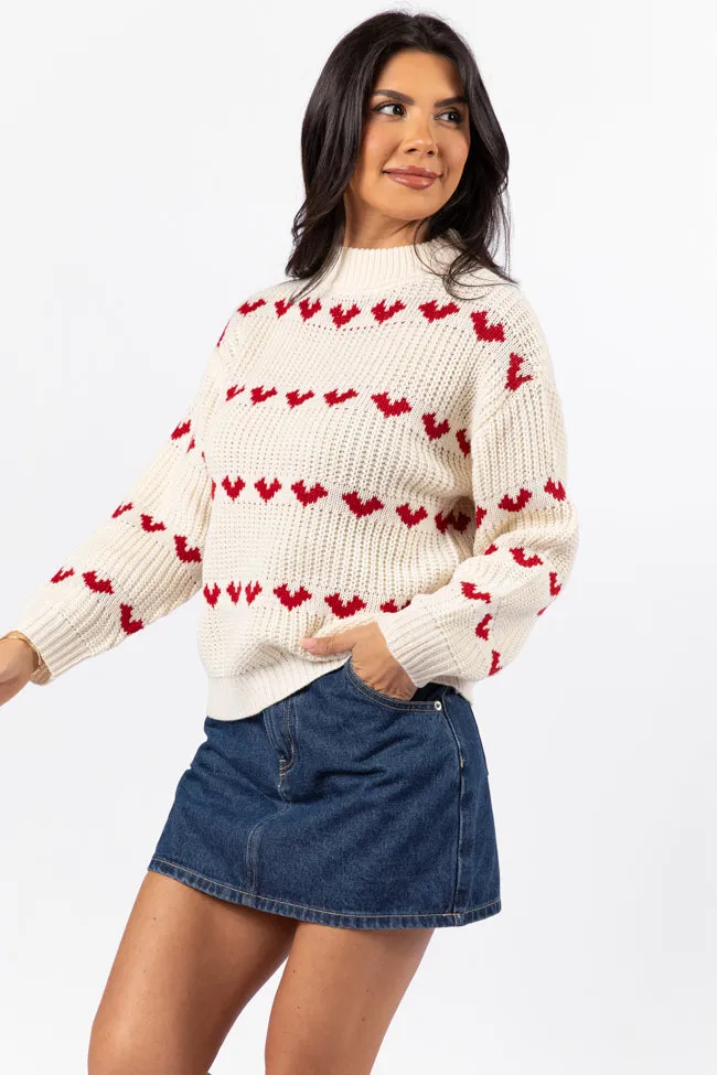 Familiar Feelings Cream and Red Heart Print Mock Neck Sweater FINAL SALE sold by Pink Lily product image thumbnail 2