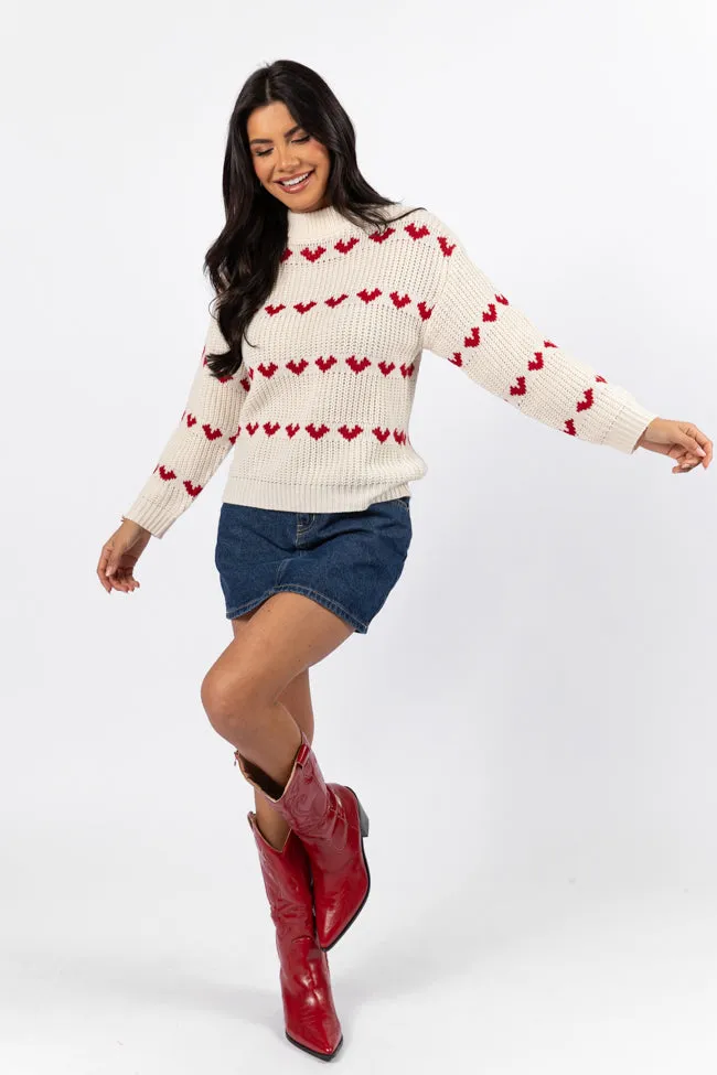 Familiar Feelings Cream and Red Heart Print Mock Neck Sweater FINAL SALE sold by Pink Lily