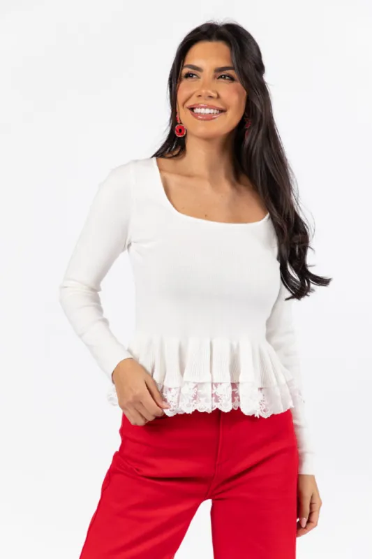 Choose Me Ivory Lace Trim Square Neck Sweater FINAL SALE sold by Pink Lily