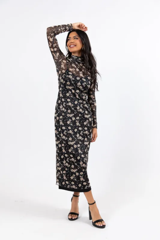 Garden Walk Black Floral Mock Neck Midi Dress SALE sold by Pink Lily