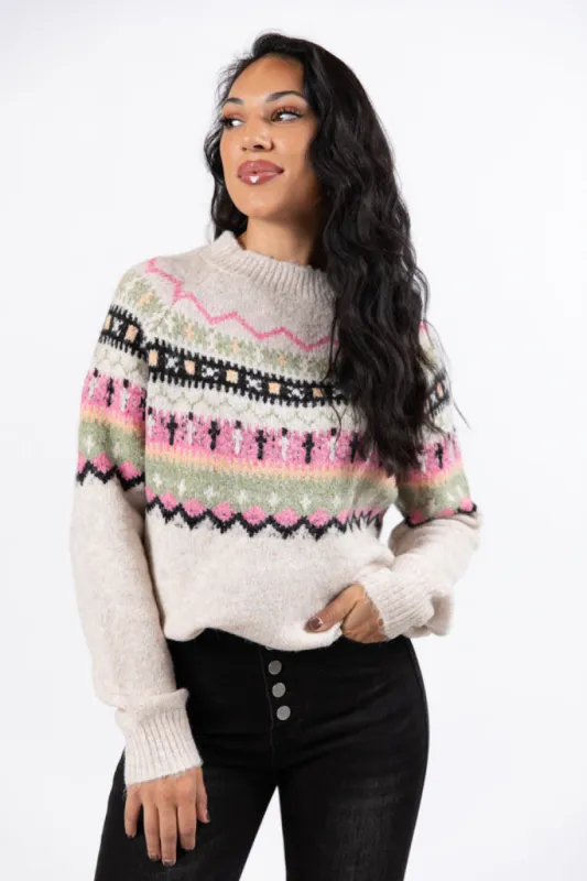 Winter Wonderland Beige Multi Fair Isle Sweater FINAL SALE made by Pink Lily