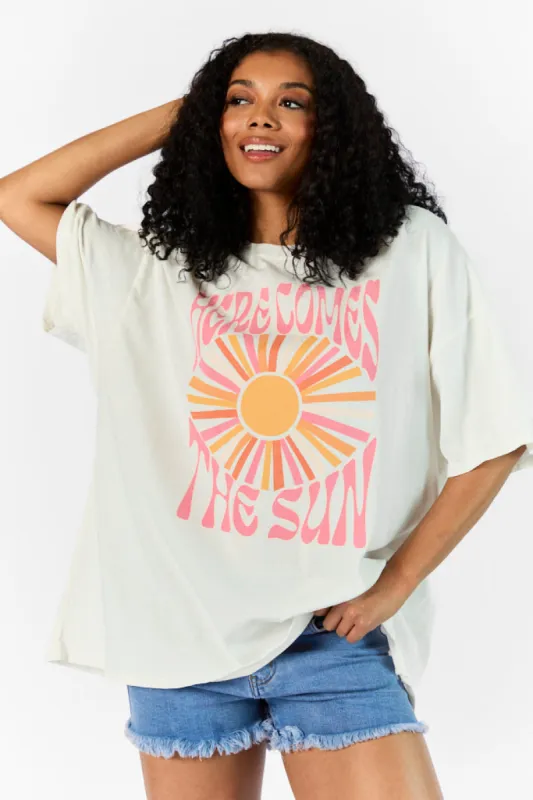 Here Comes The Sun Burst Off White Oversized Graphic Tee sold by Pink Lily