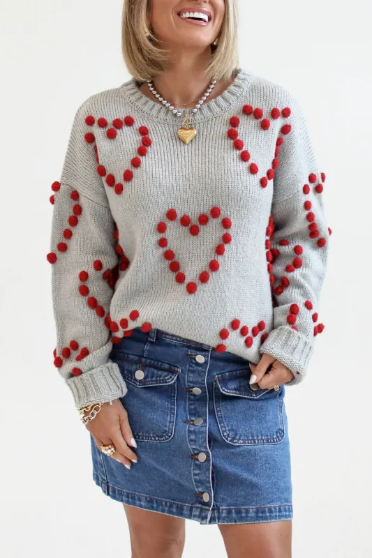 Adore You Grey and Red Oversized Heart Pom Sweater Kalee Rogers X Pink Lily FINAL SALE sold by Pink Lily