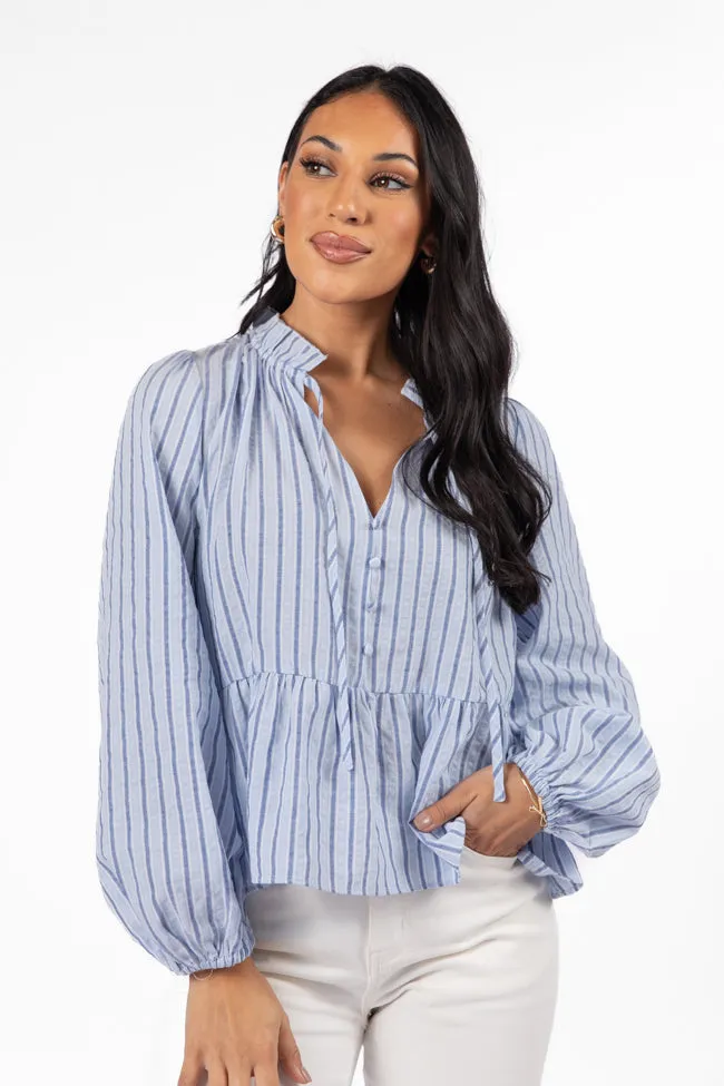 Fade Into You Blue Stripe Notched Neckline Button Detail Peplum Blouse sold by Pink Lily product image thumbnail 3