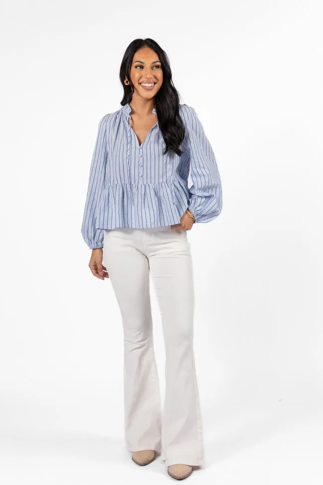 Fade Into You Blue Stripe Notched Neckline Button Detail Peplum Blouse sold by Pink Lily product image thumbnail 2