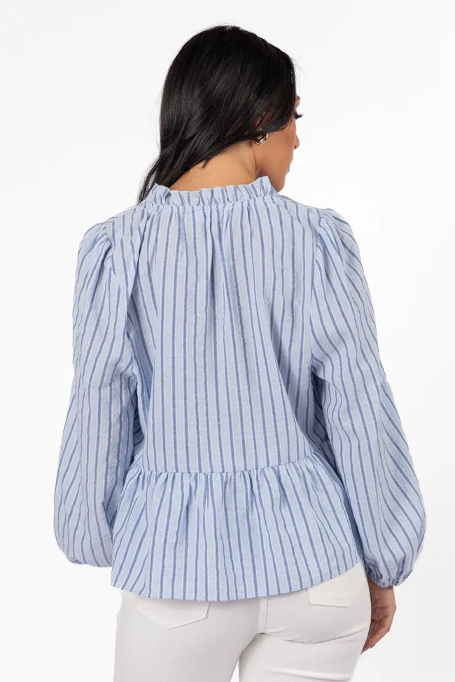 Fade Into You Blue Stripe Notched Neckline Button Detail Peplum Blouse sold by Pink Lily product image thumbnail 4