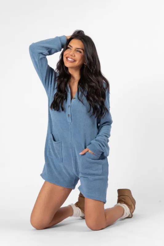 Now Or Never Gray Blue Chenille Button Front Romper FINAL SALE sold by Pink Lily