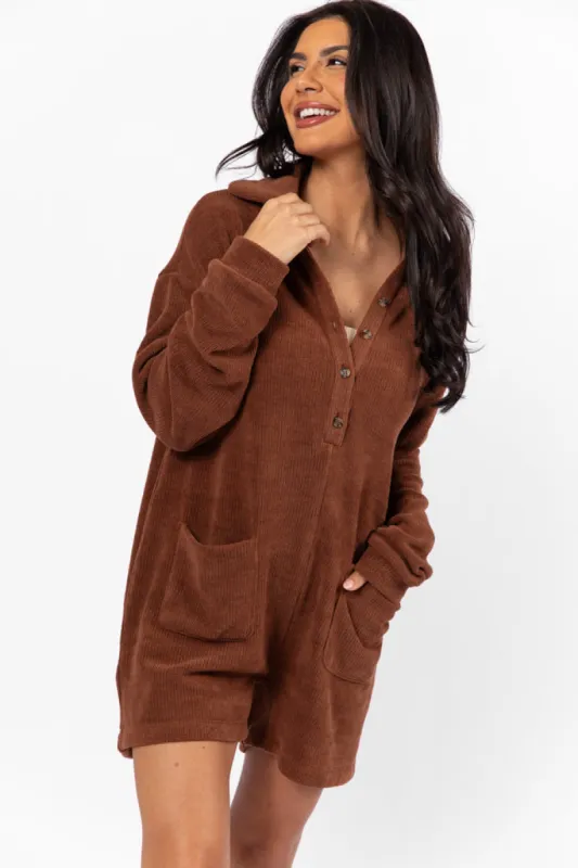 Now Or Never Chestnut Chenille Button Front Romper FINAL SALE sold by Pink Lily