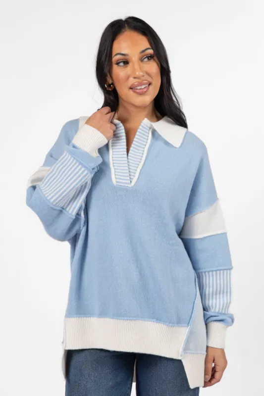 Think About It Sky Blue Collared Oversized Sweater FINAL SALE sold by Pink Lily
