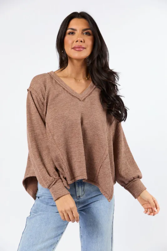 Never Say Never Mocha Ribbed Knit V-Neck Long Sleeve Top FINAL SALE sold by Pink Lily