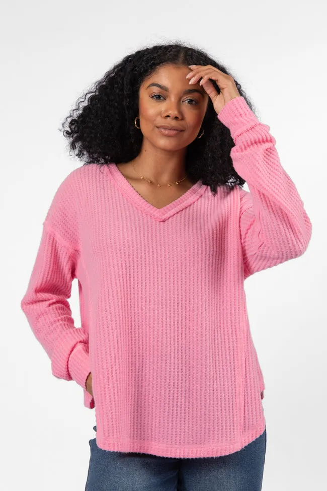 Idle Hands Pink Waffle Knit V-Neck Oversized Knit Top FINAL SALE sold by Pink Lily