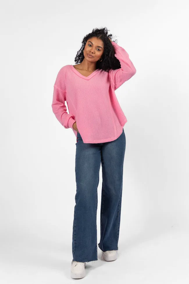 Idle Hands Pink Waffle Knit V-Neck Oversized Knit Top FINAL SALE sold by Pink Lily product image thumbnail 2