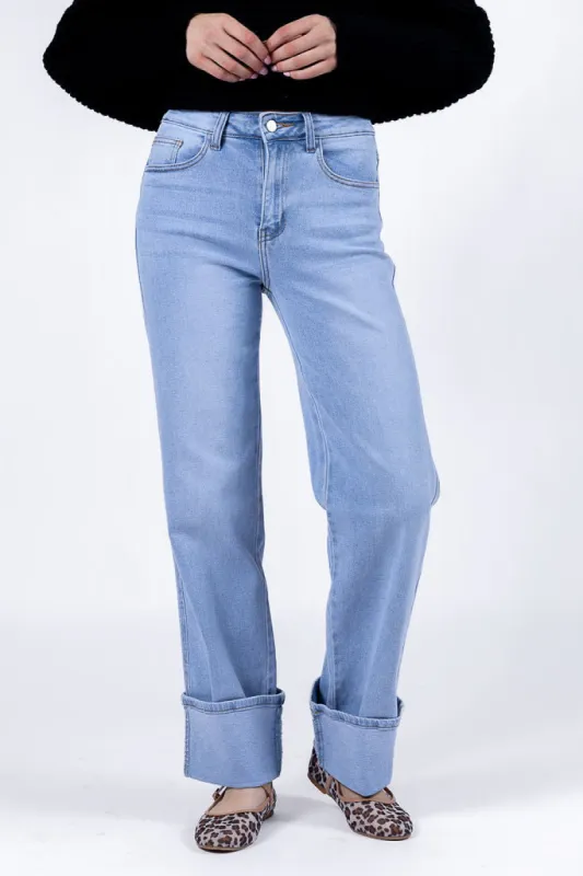 Camila Light Wash Wide Leg Cuffed Jeans FINAL SALE sold by Pink Lily