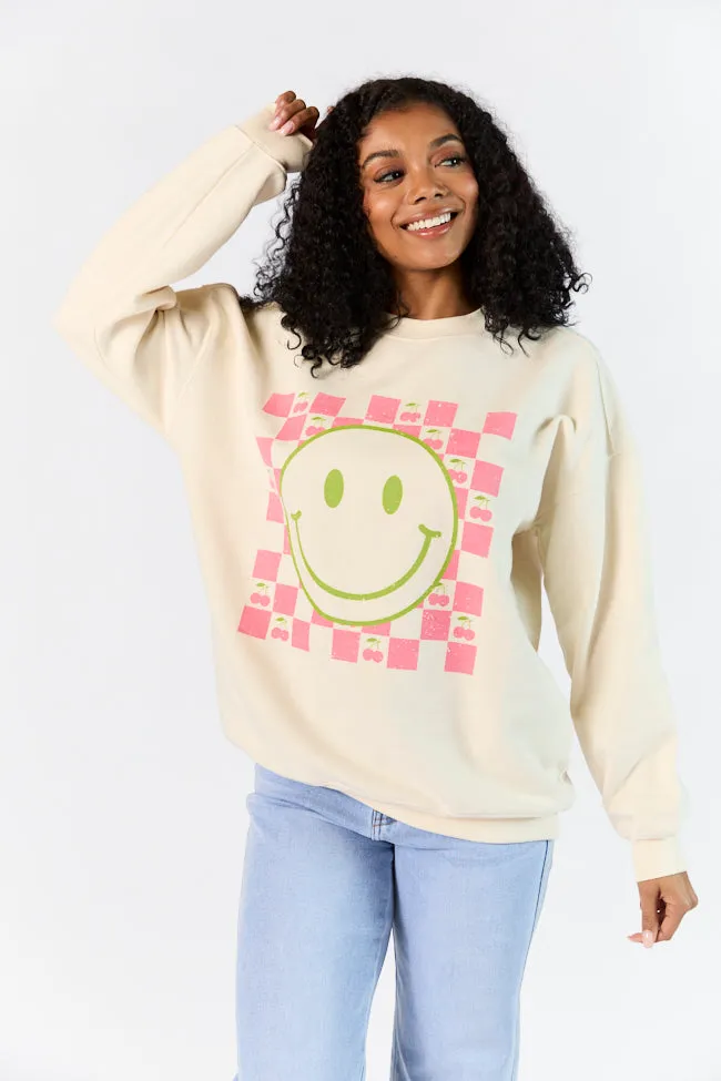 Checkered Cherry Smiley Sweet Cream Oversized Graphic Sweatshirt sold by Pink Lily product image thumbnail 4