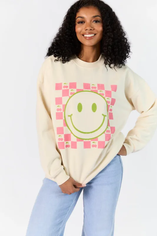 Checkered Cherry Smiley Sweet Cream Oversized Graphic Sweatshirt sold by Pink Lily