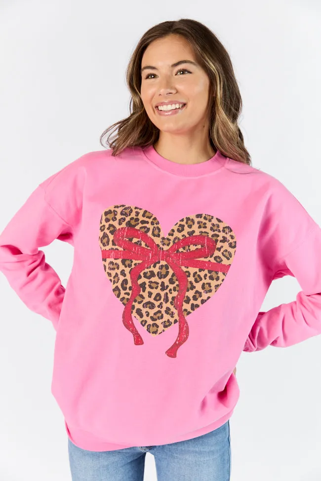 Leopard Heart Red Bow Pink Oversized Graphic Sweatshirt sold by Pink Lily