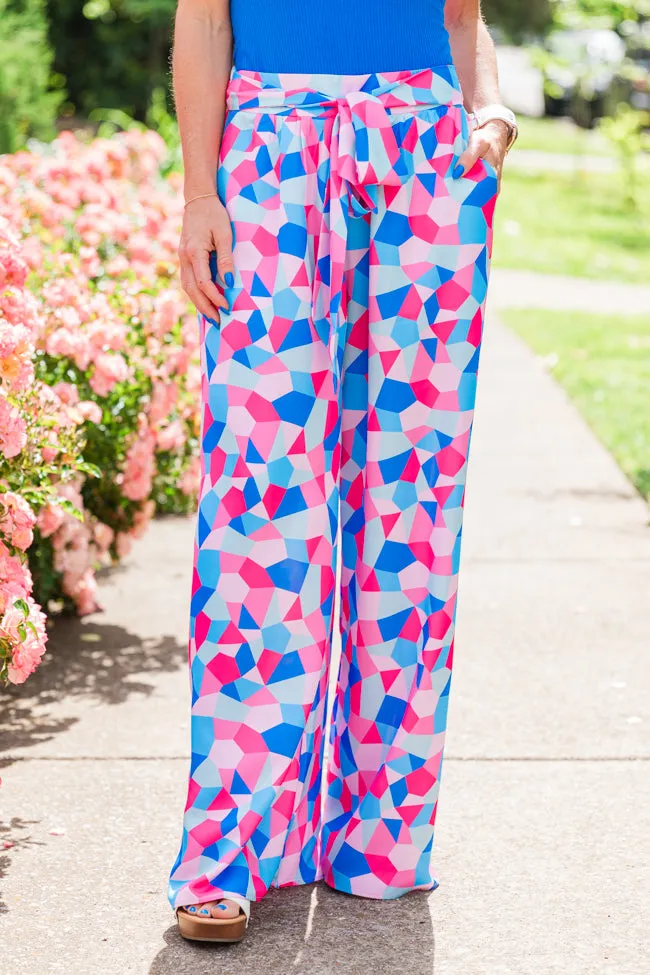 Fashionably Late Geometric Blue And Pink Belted Pants FINAL SALE sold by Pink Lily
