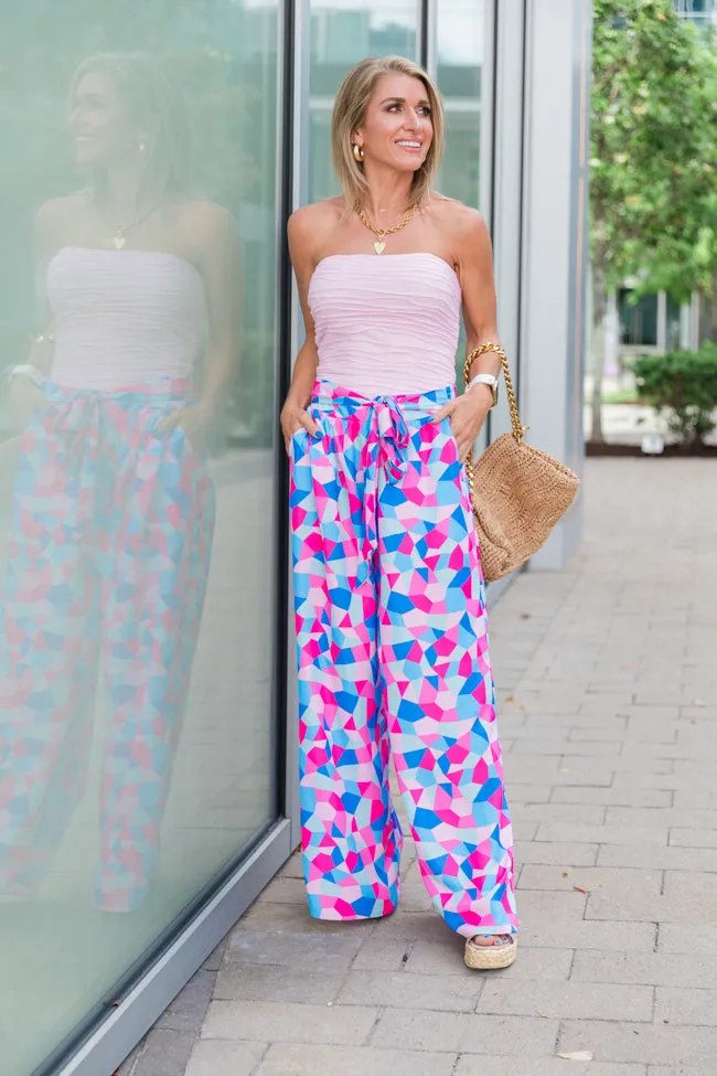 Fashionably Late Geometric Blue And Pink Belted Pants FINAL SALE sold by Pink Lily product image thumbnail 2