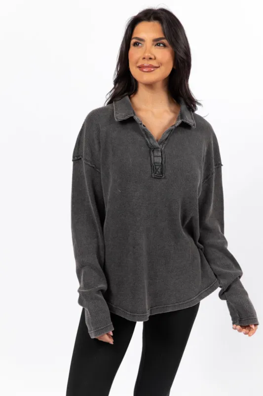 Leaf Your Worries Black Acid Washed Waffle Collared Top sold by Pink Lily