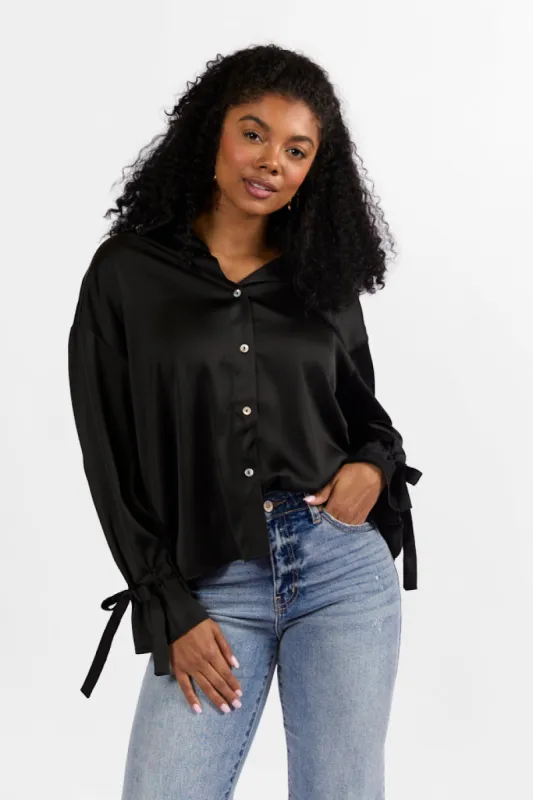 Think It Through Black Bow Cuff Satin Button Down Shirt FINAL SALE sold by Pink Lily