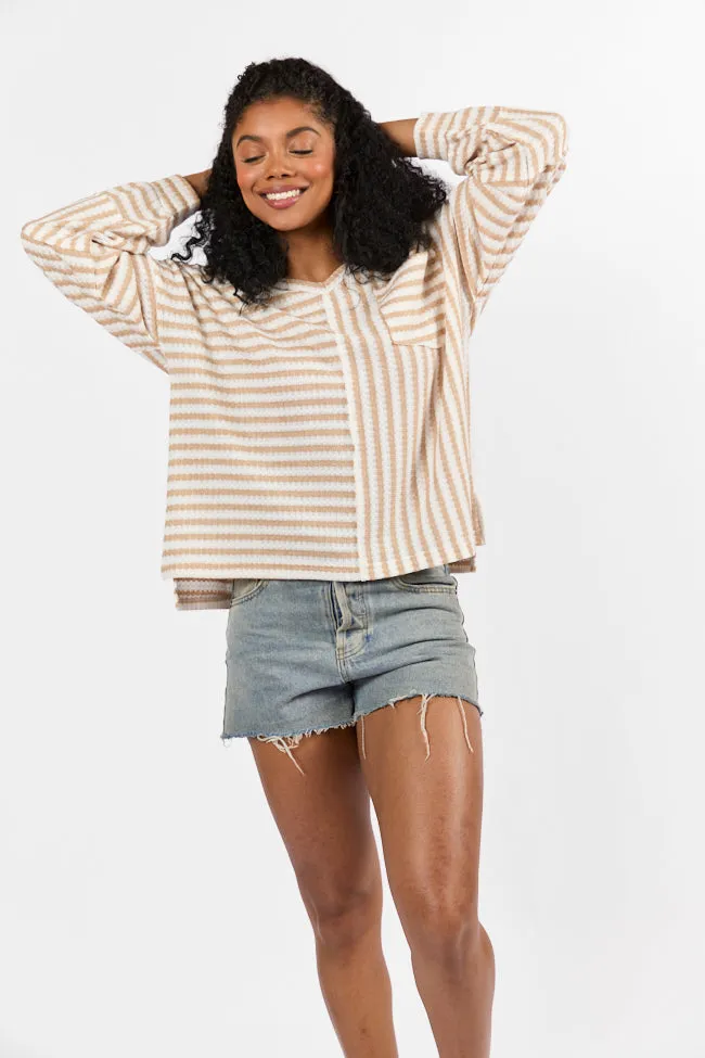 All For Sun Tan and Ivory Striped Knit V-Neck Long Sleeve Tee FINAL SALE sold by Pink Lily product image thumbnail 3