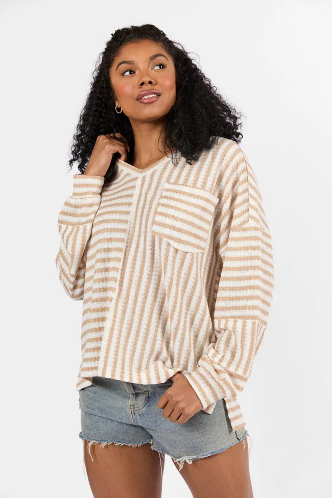 All For Sun Tan and Ivory Striped Knit V-Neck Long Sleeve Tee FINAL SALE sold by Pink Lily product image thumbnail 4