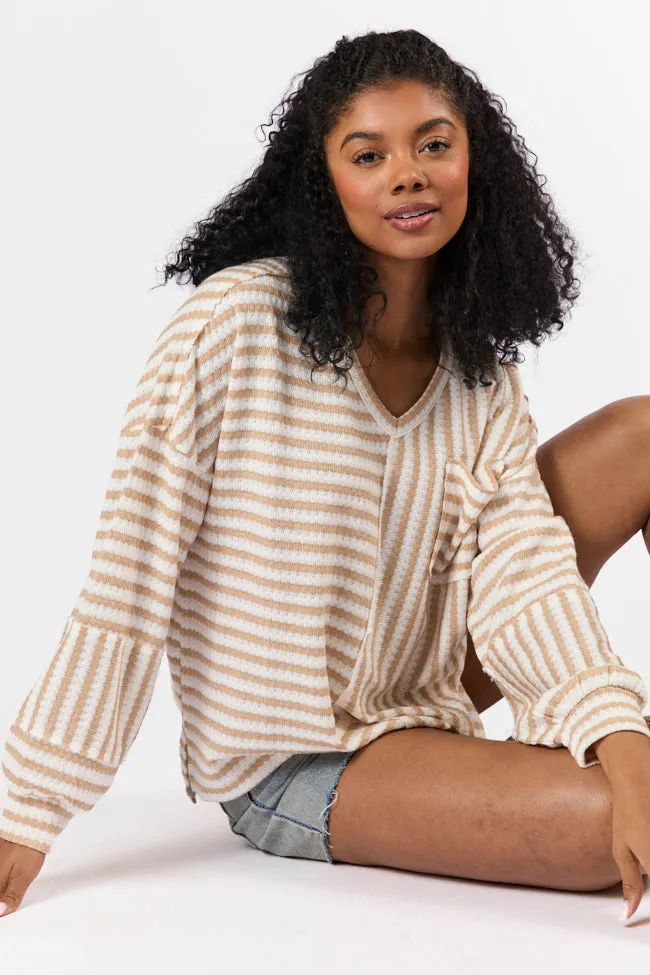 All For Sun Tan and Ivory Striped Knit V-Neck Long Sleeve Tee FINAL SALE sold by Pink Lily
