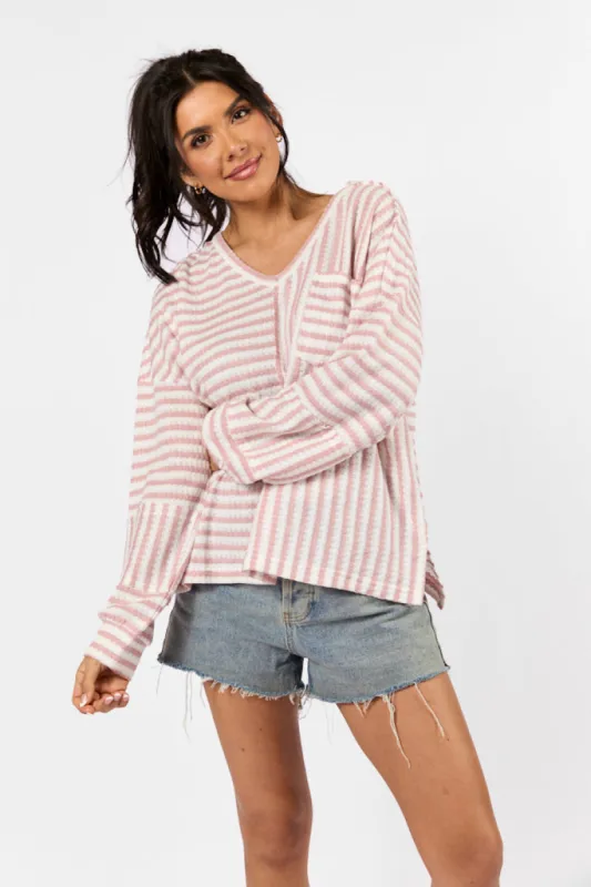 All For Sun Pink and Ivory Striped Knit V-Neck Long Sleeve Tee FINAL SALE sold by Pink Lily