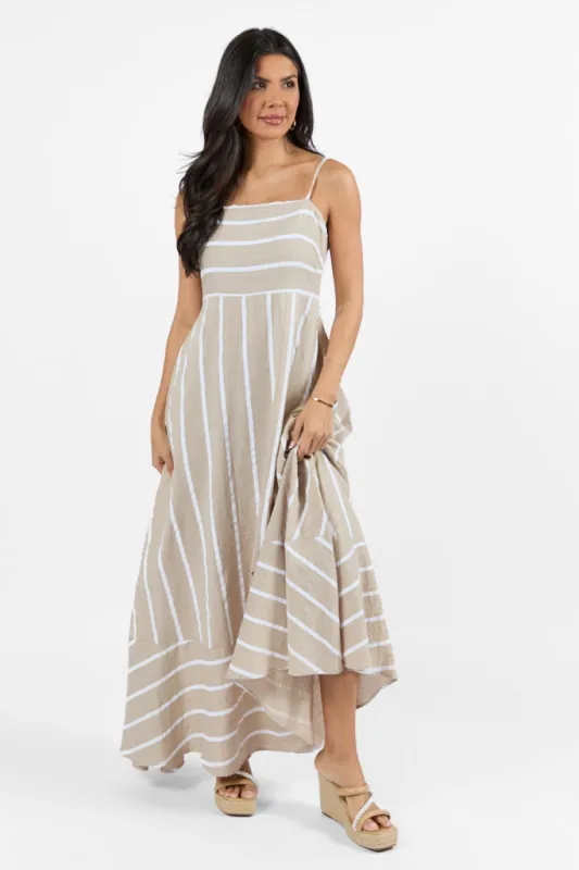 Come Sail Away Neutral Striped Maxi Dress sold by Pink Lily