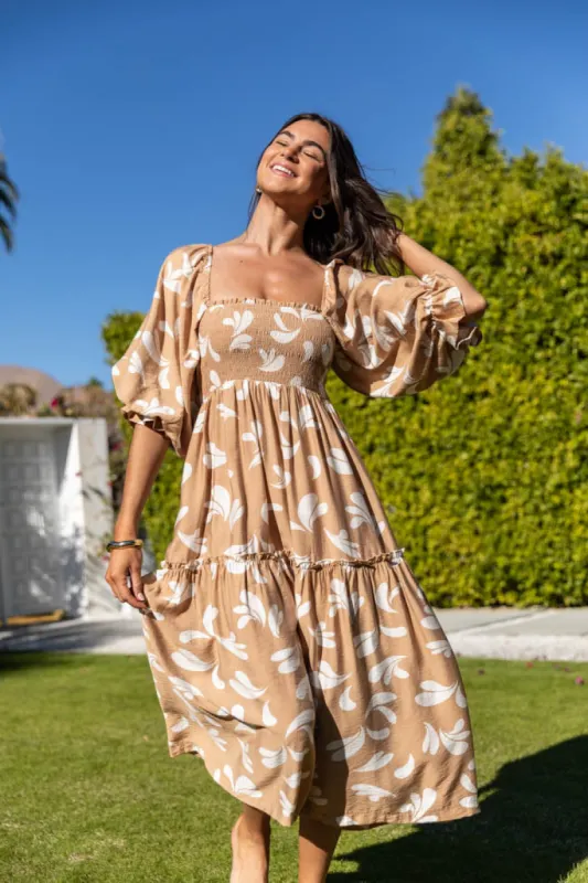 Swing Of Things Neutral Printed Smocked Midi Dress FINAL SALE sold by Pink Lily
