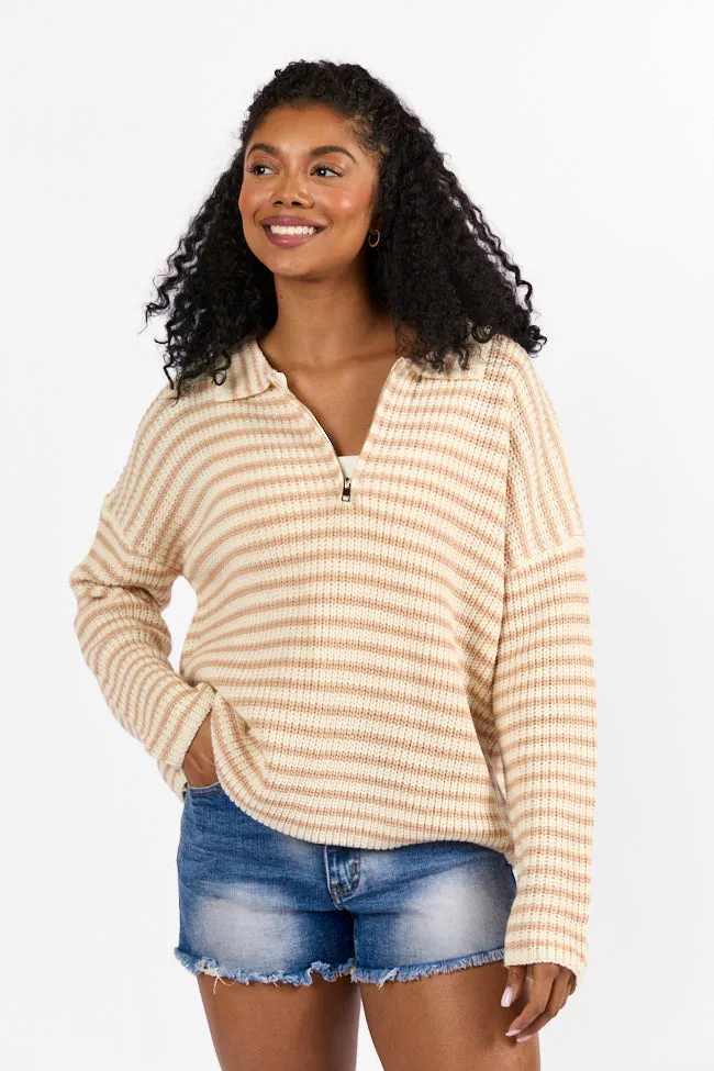 Bayside Breeze Ivory and Tan Stripe Quarter Zip Pullover Sweater FINAL SALE sold by Pink Lily