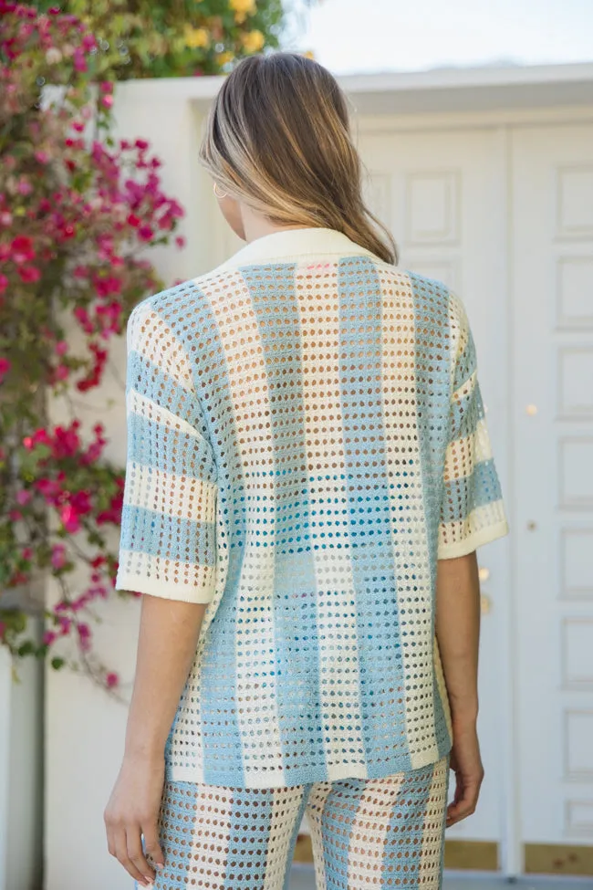 Along The Beach Blue Button Up Crochet Striped Top FINAL SALE sold by Pink Lily product image thumbnail 5
