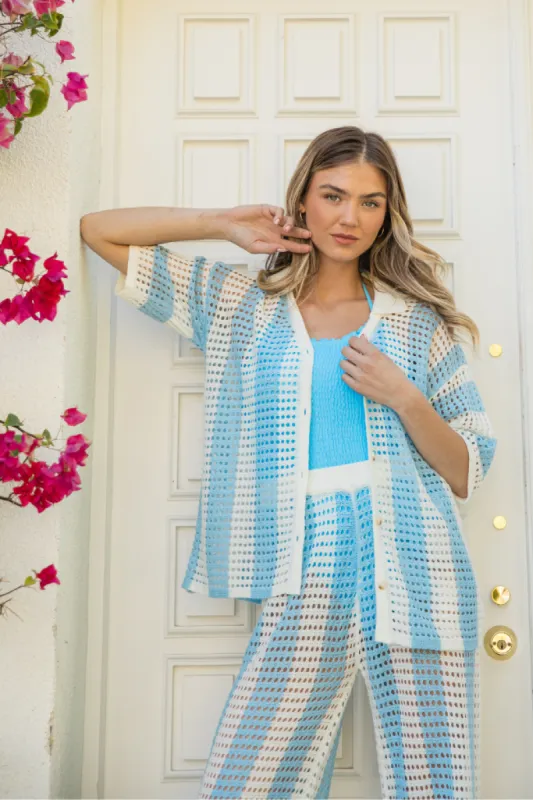 Along The Beach Blue Button Up Crochet Striped Top FINAL SALE sold by Pink Lily