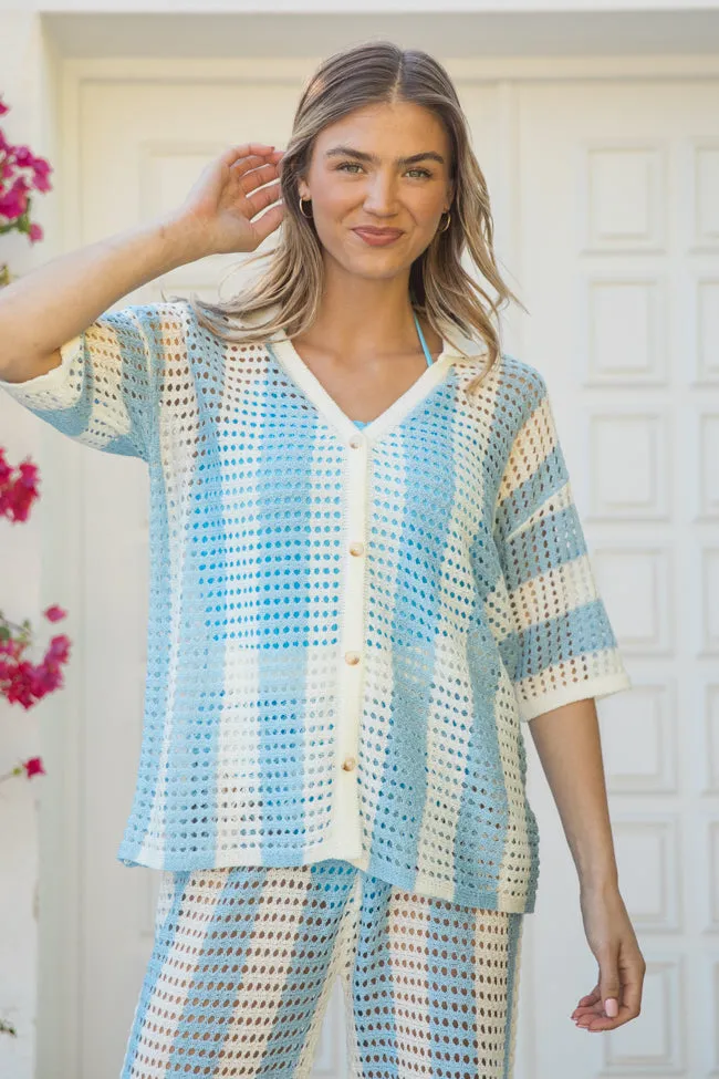 Along The Beach Blue Button Up Crochet Striped Top FINAL SALE sold by Pink Lily product image thumbnail 3