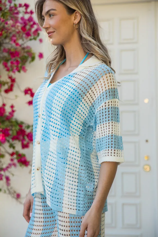 Along The Beach Blue Button Up Crochet Striped Top FINAL SALE sold by Pink Lily product image thumbnail 4