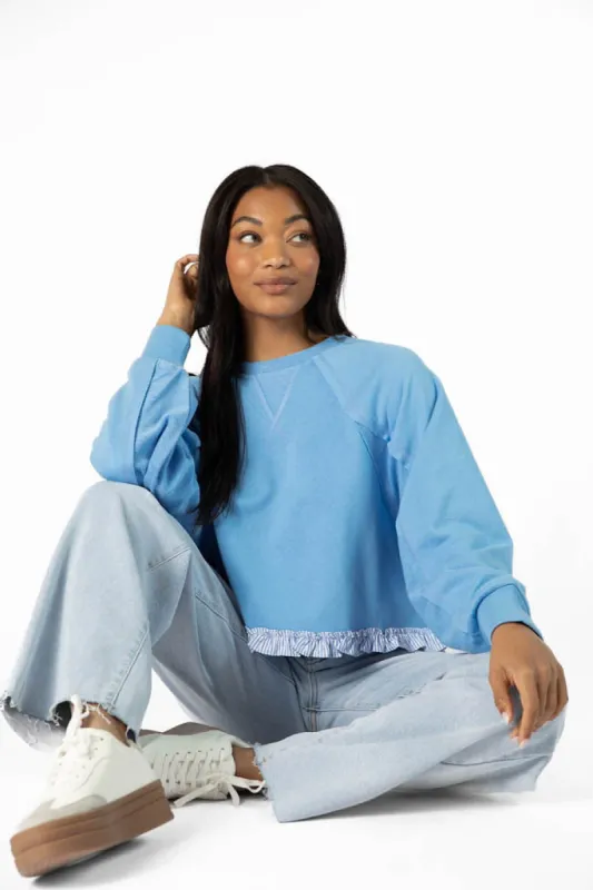 Away We Go Cropped Blue Stripe Ruffle Hem Crew Neck Sweatshirt FINAL SALE sold by Pink Lily