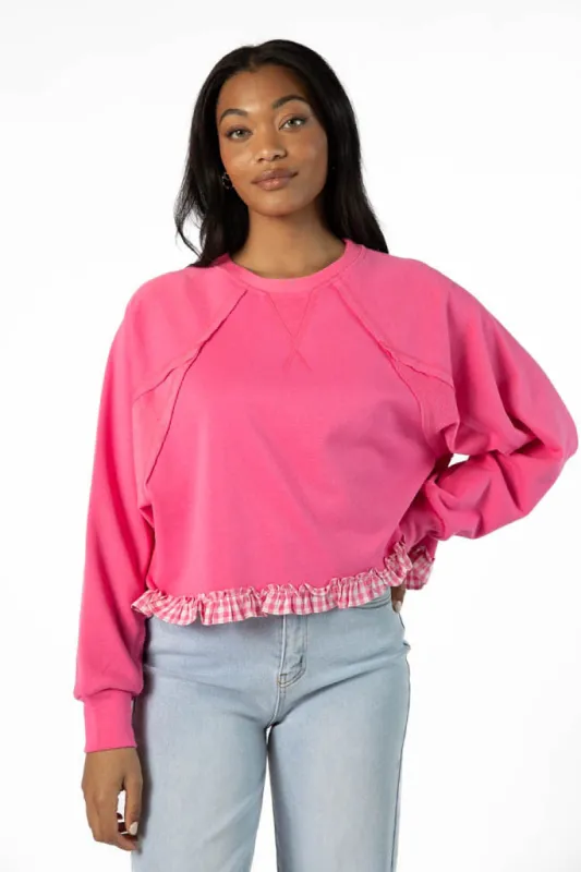 Away We Go Cropped Pink Gingham Ruffle Hem Crew Neck Sweatshirt FINAL SALE sold by Pink Lily