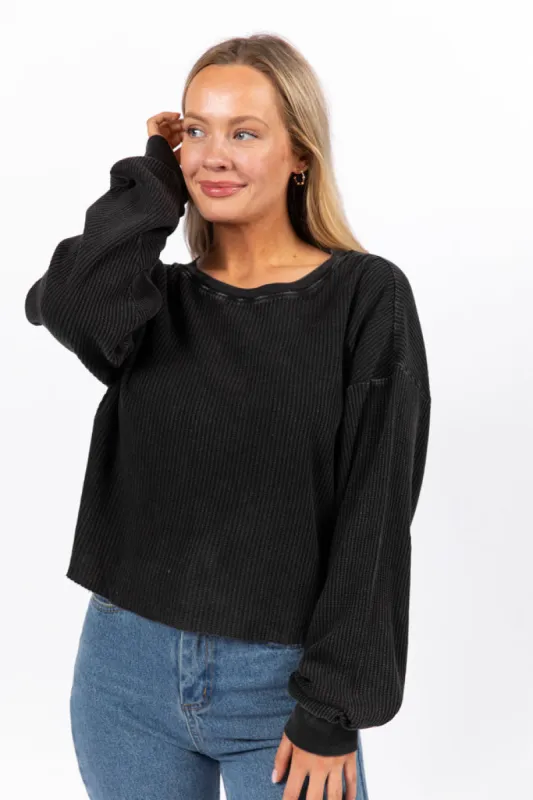 Fun and Games Black Acid Washed Waffle Long Sleeve Tee FINAL SALE sold by Pink Lily